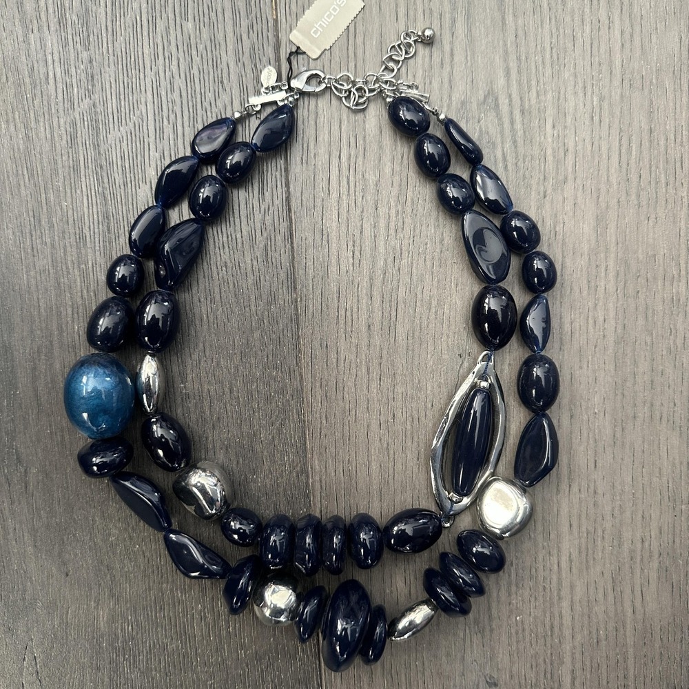 Chico's Desmari Blue Resin Beaded Necklace Silver Tone Layered Statement 25 Inch